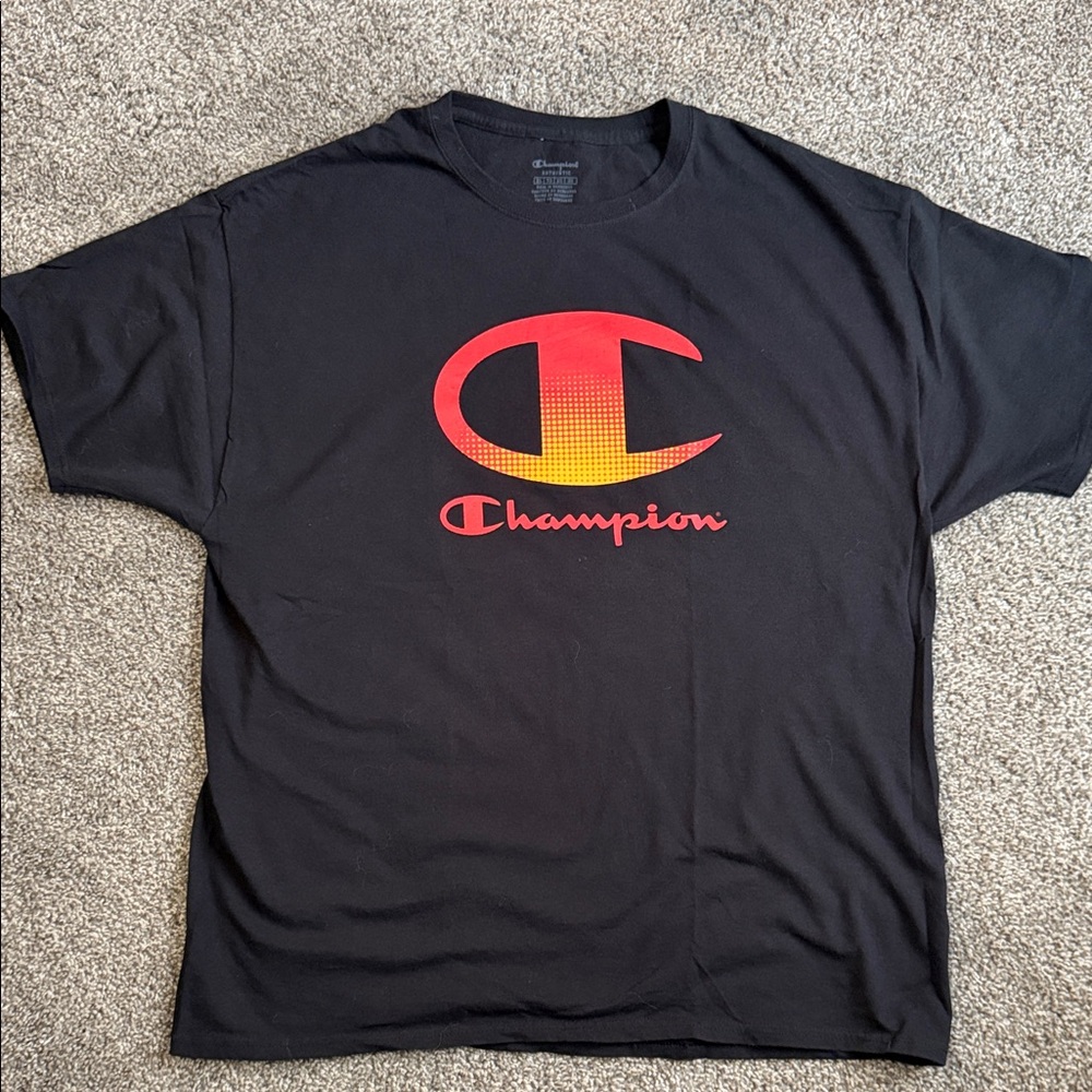 Champion Men's Black Tee with Gradient Red Logo
